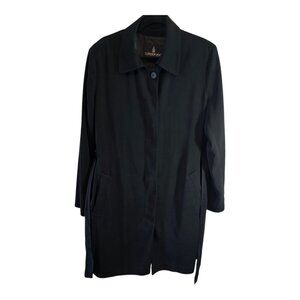 LONDON FOG BLACK CREPE COAT SIZE LARGE FULLY LINED FRONT POCKETS LONG SLEEVES